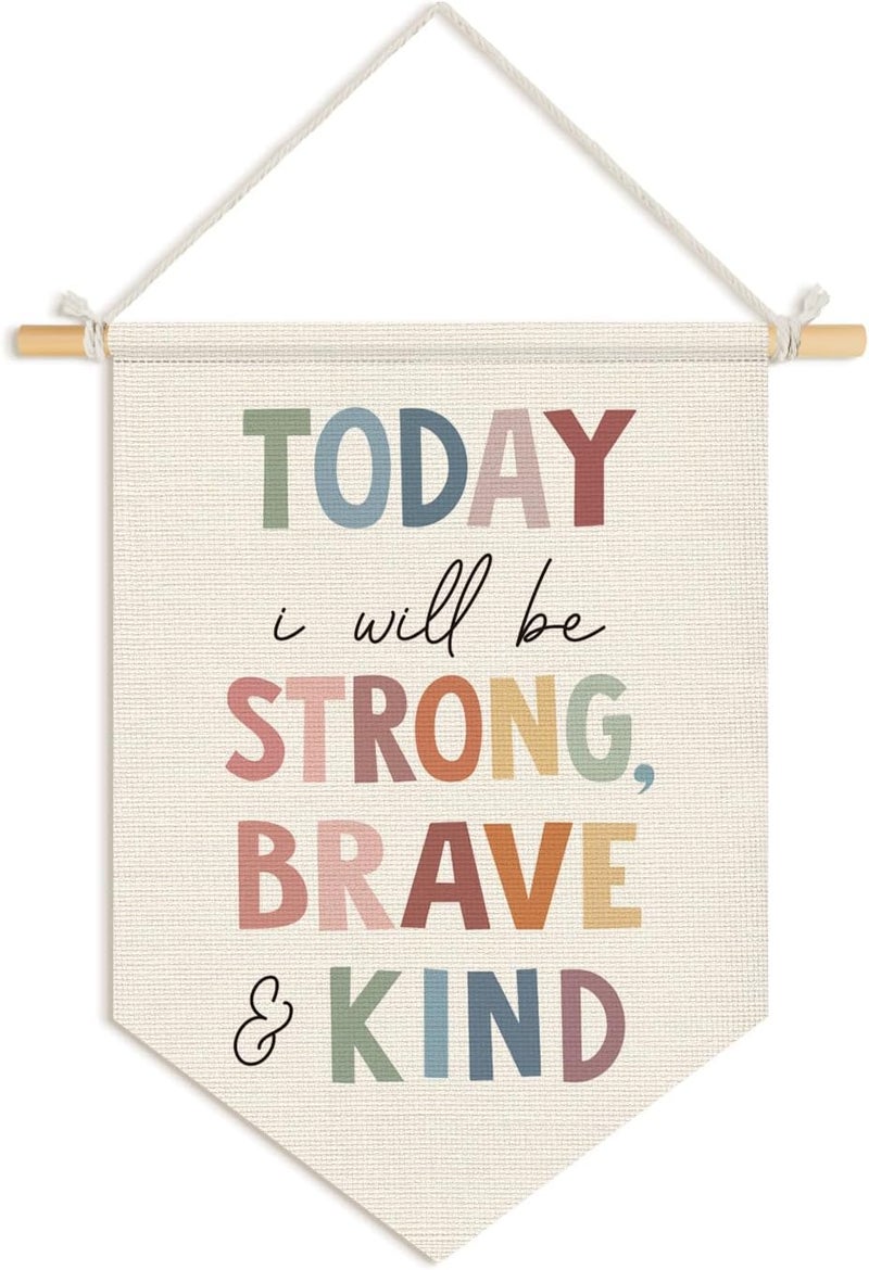 Wheatwin Boho Classroom Decor, Positive Affirmation Wall Hanging Pennant Flag Banner, Inspirational Today I Will Be Strong Brave Kind Wall Decor for Kids Room Nursery Classroom Playroom 15x11 Inch - Image 1